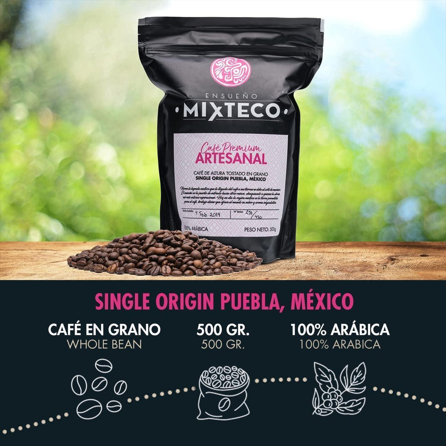 Café premium artesanal Mixteco, Puebla 500g en grano, con diseño elegante y sello de calidad descripción de producto.