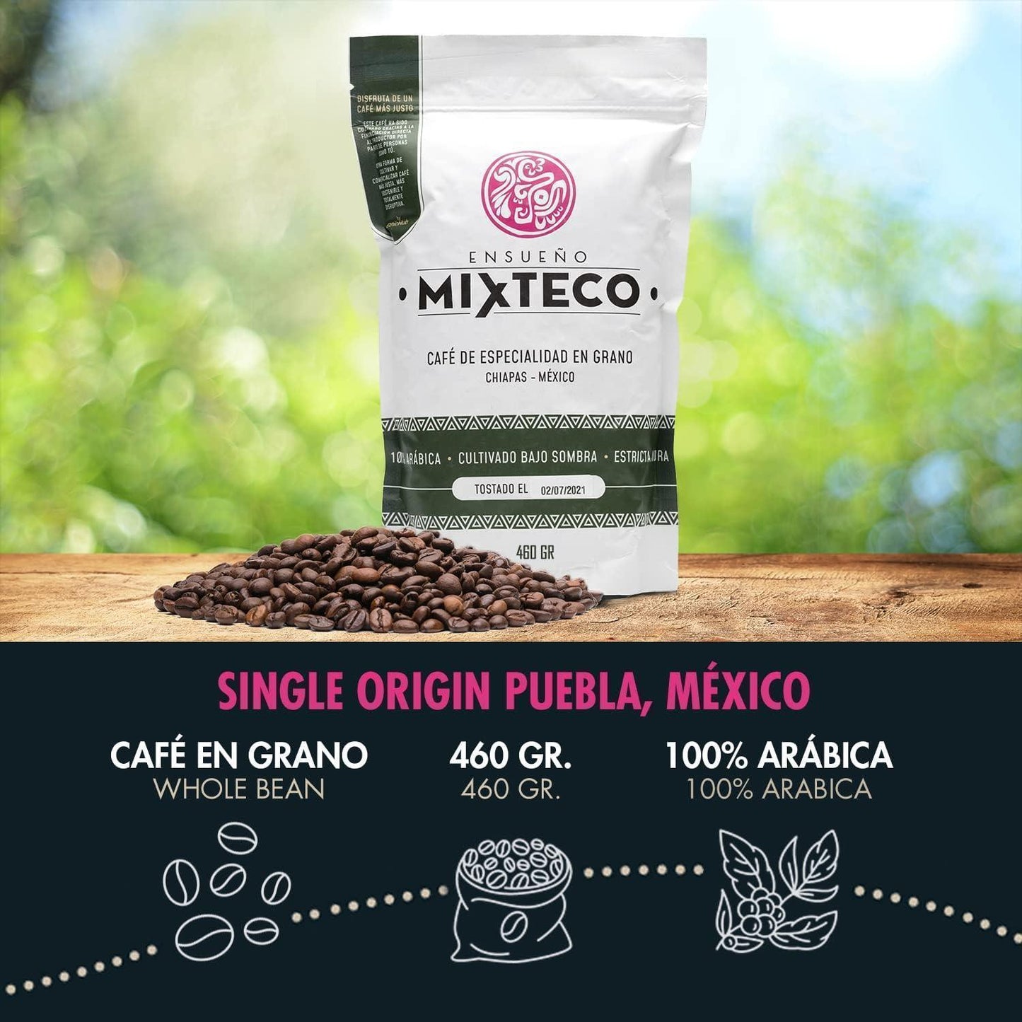 Bolsa de café en grano premium Mixteco, origen Chiapas, 460g, con empaque hermético y aroma excepcional. Información de producto.