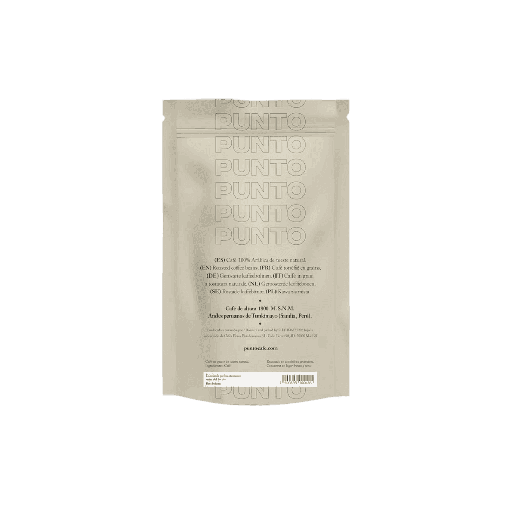 Bolsa de café de especialidad Punto, origen Perú 250g en grano, con diseño premium y aroma excepcional parte trasera.