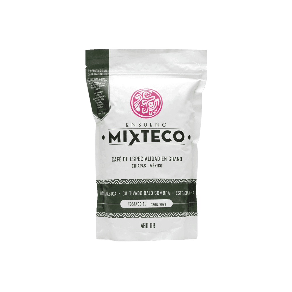 Bolsa de café en grano premium Mixteco, origen Chiapas, 460g, con empaque hermético y aroma excepcional.