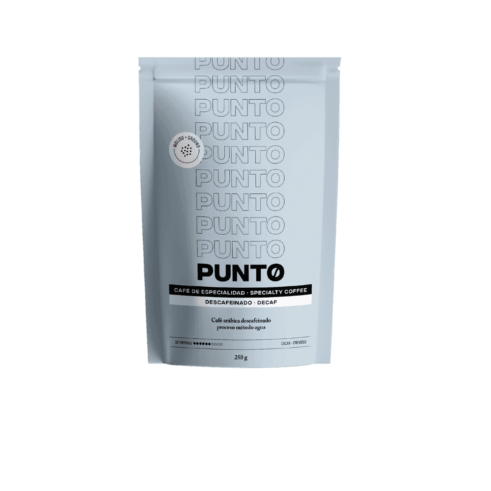 Bolsa de café molido descafeinado Punto, 250g, con empaque hermético y notas suaves y achocolatadas.