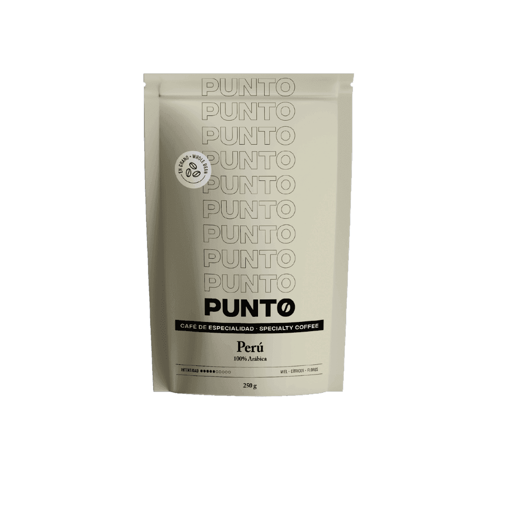 Bolsa de café en grano S.Origin Perú 250g de Punto, con empaque premium y notas frutales y cítricas. 