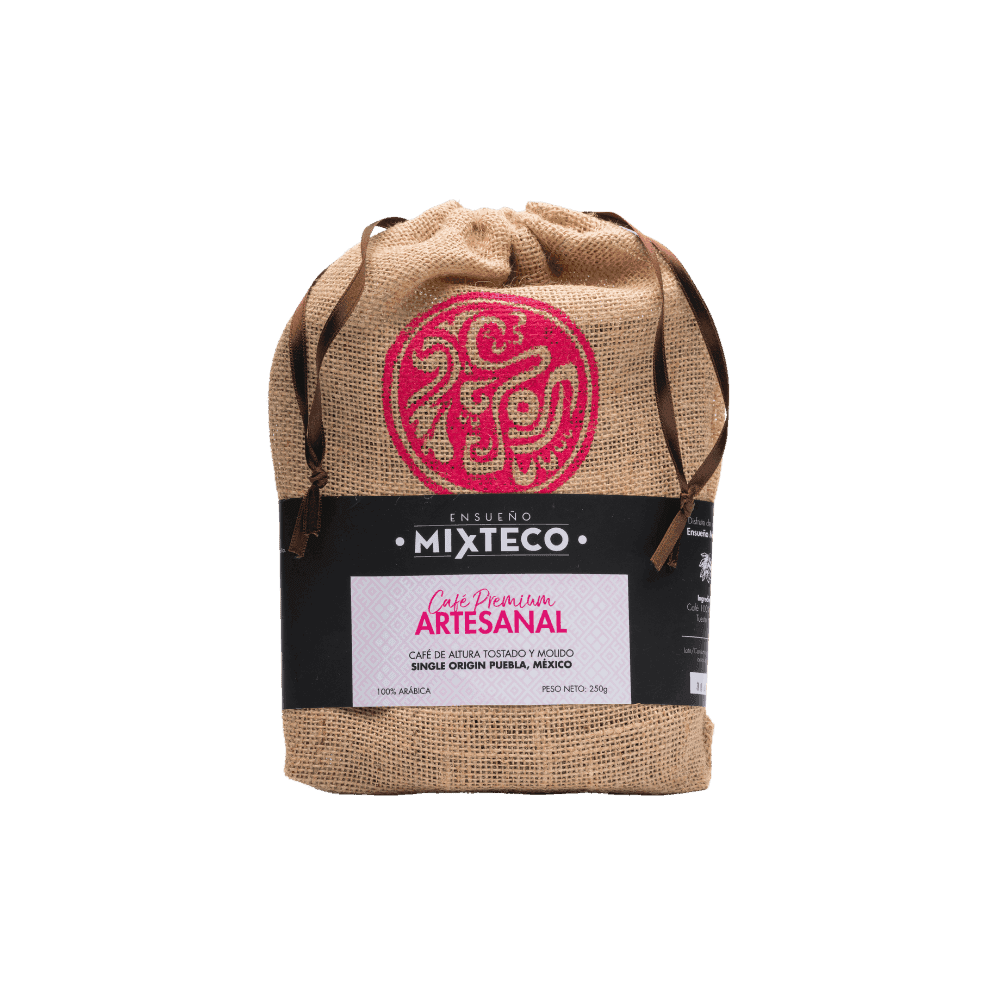 Bolsa de café molido premium Mixteco, Puebla 250g, con aroma intenso y empaque sellado para frescura.