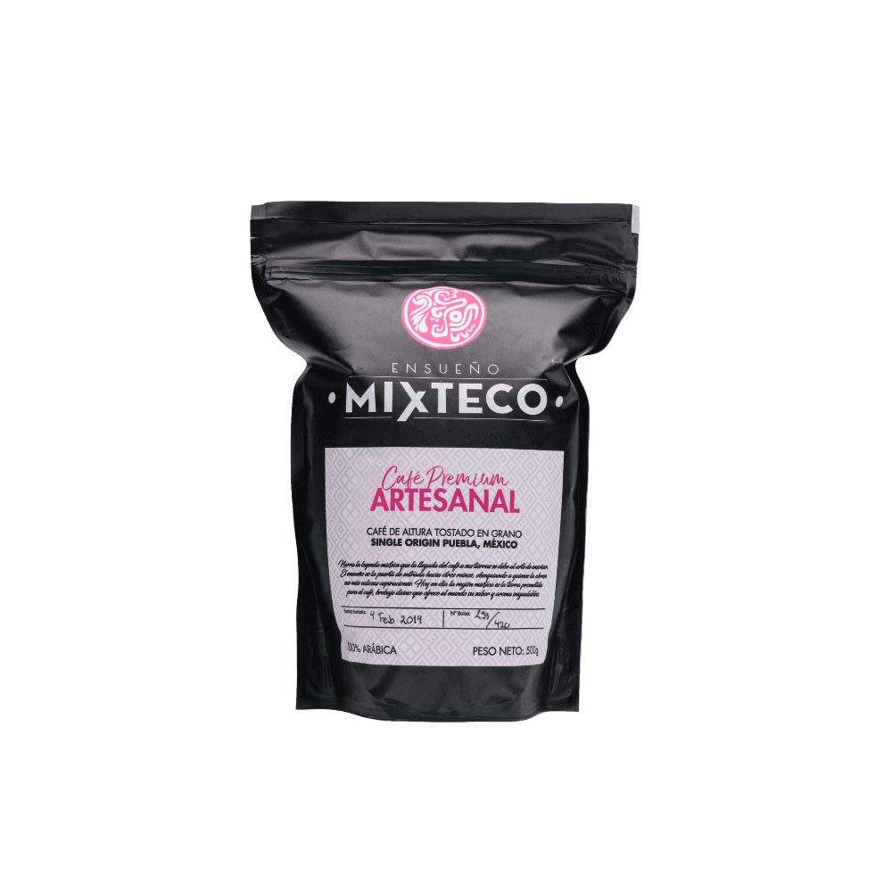 Bolsa de café premium artesanal Mixteco, Puebla 500g en grano, con diseño elegante y sello de calidad.